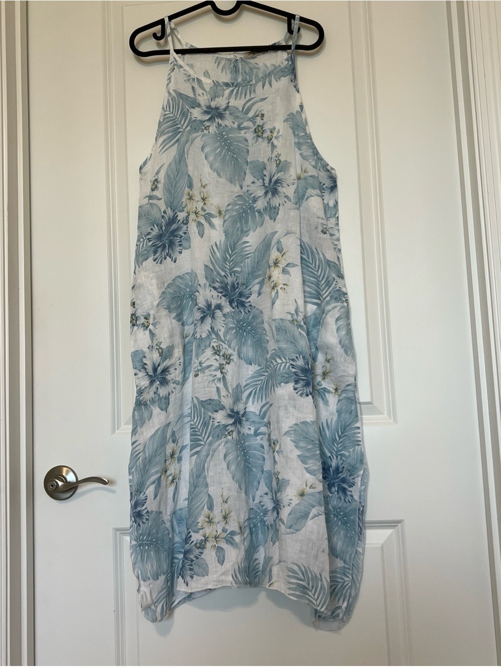 Lungo L’Arno linen lightweight Blue Tropical Floral Halter Dress NWOT sz.S